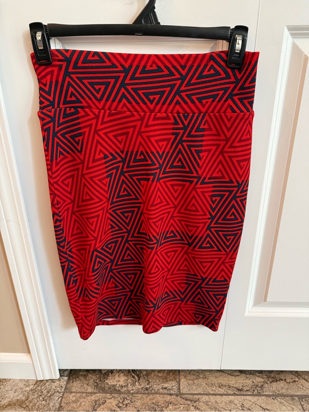 LuLaRoe Red Pencil Skirt with Black Geometric Print